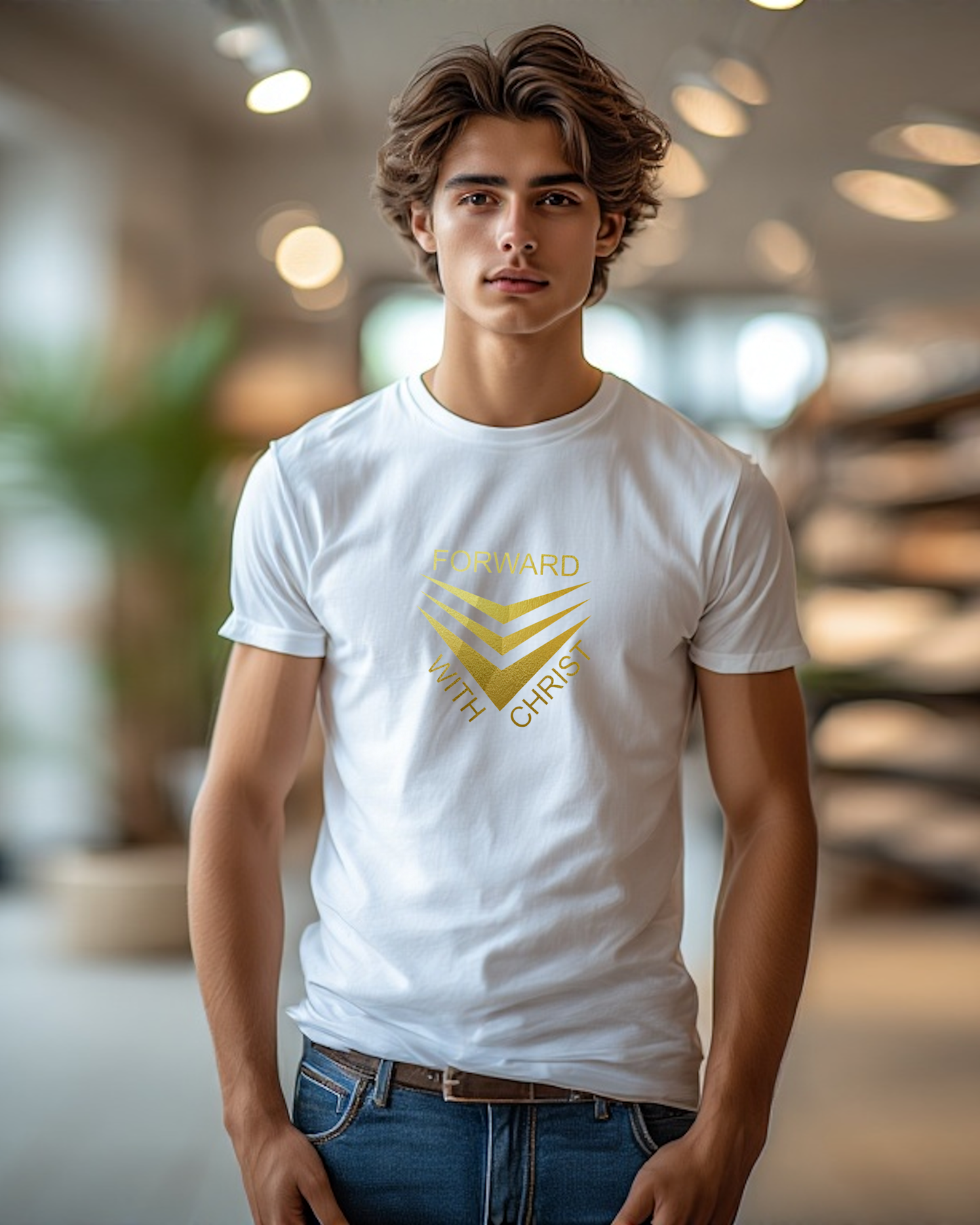 A man standing in a shop wearing a white short sleeve t-shirt that has a gold logo with the words "FORWARD WITH CHRIST" around 3 downward pointing chevrons.