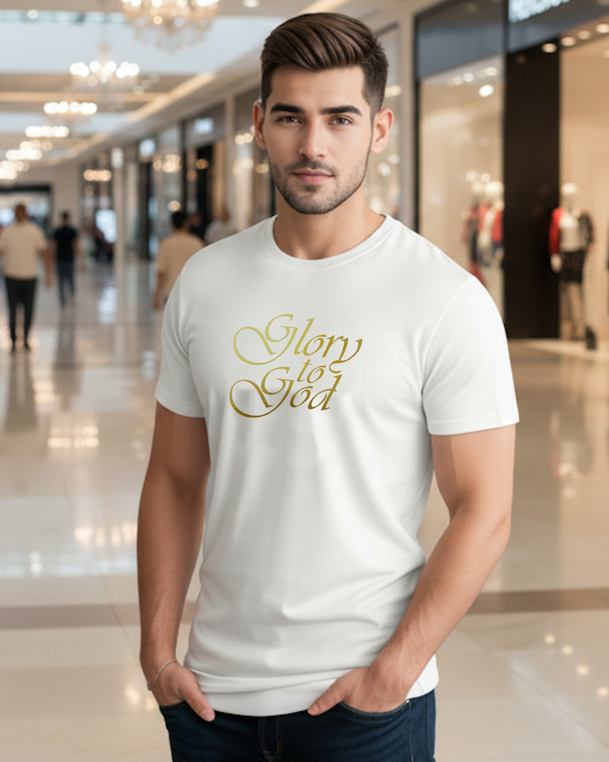 Man wearing a white short sleeve t-shirt with a gold text logo that says 'Glory to God' in a shopping mall.