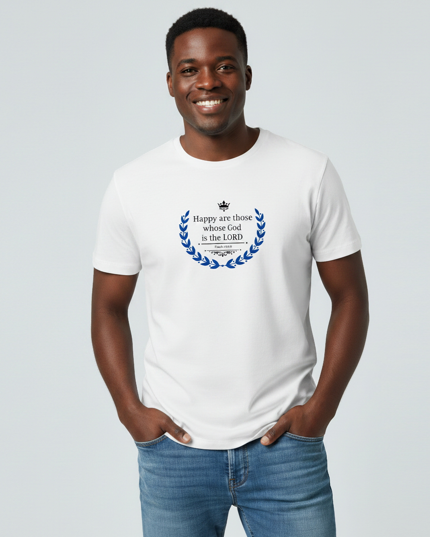 Man wearing a white t-shirt with a blue design and black text on a light gray background
