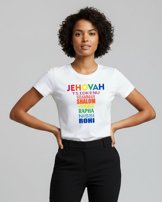Woman wearing a white t-shirt with colorful Hebrew text on a gray background