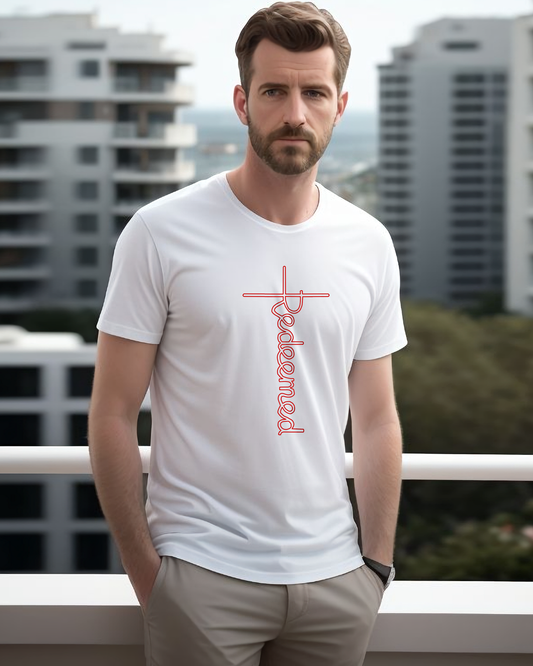 A man standing on a balcony in a city wearing a white t-shirt with an elaborate  red Heavenly Dreamwear designed 'Redeemed' logo printed on the front.