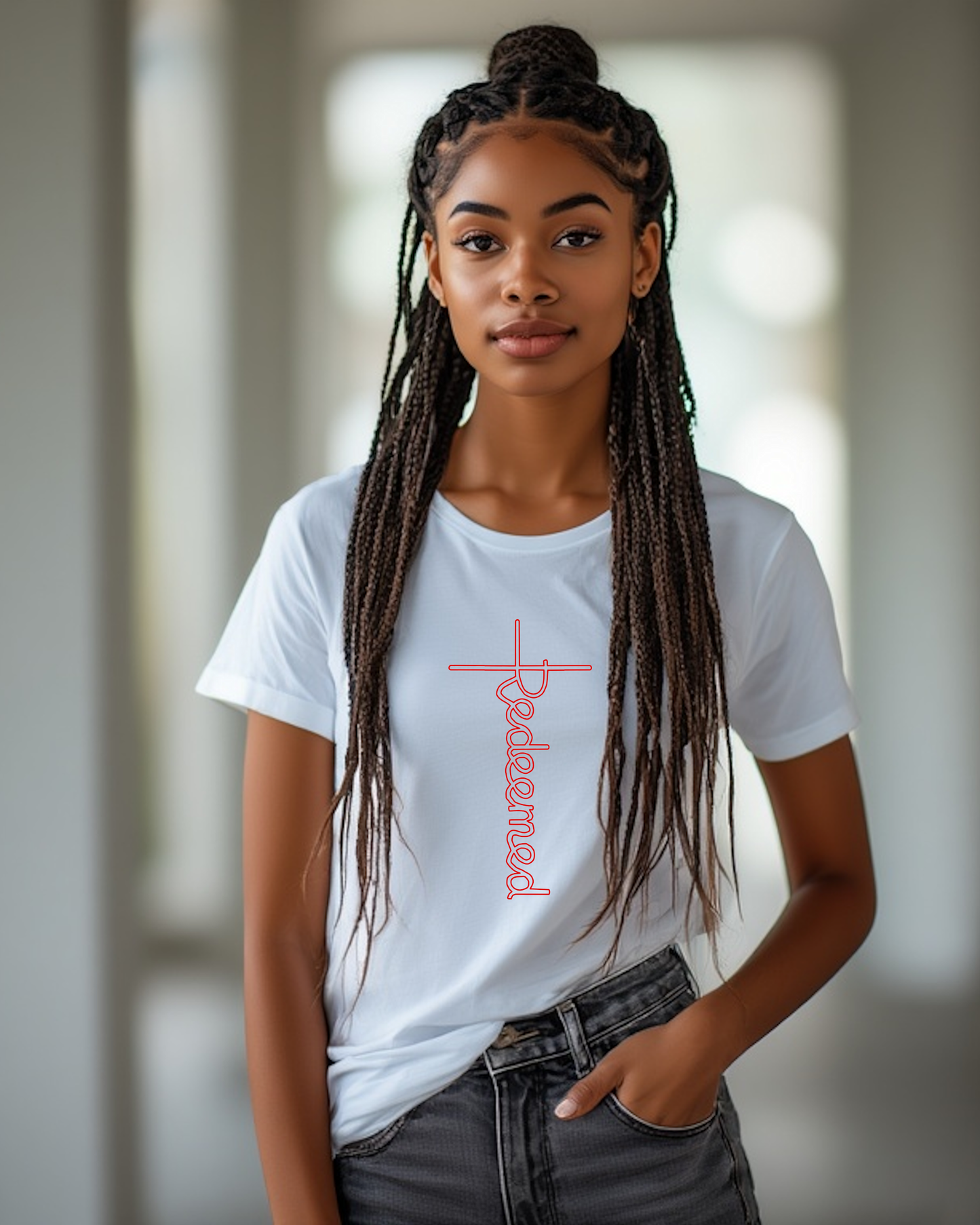 A woman standing indoors wearing a white t-shirt with an elaborate  Heavenly Dreamwear designed 'Redeemed' logo printed on the front.
