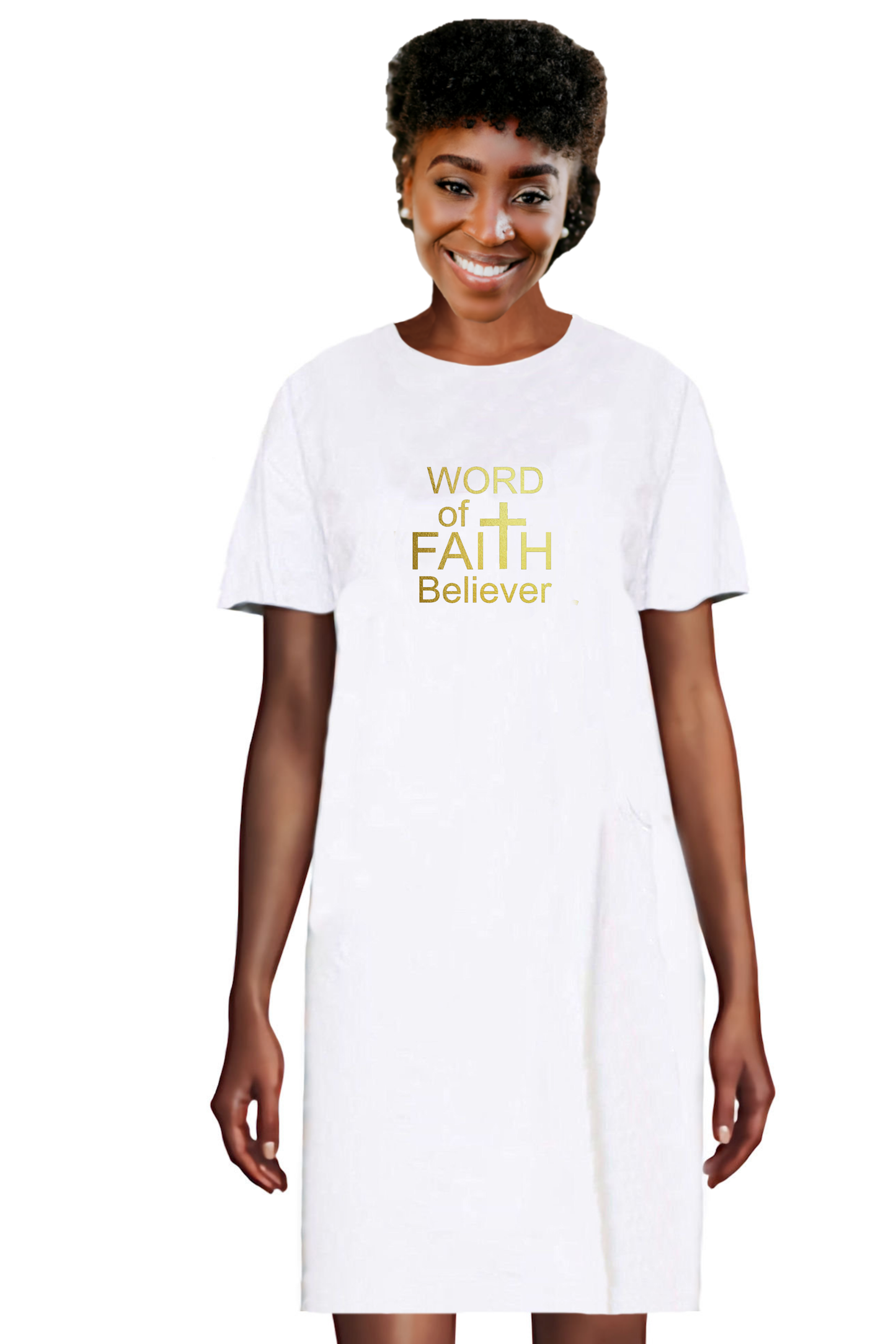 Woman wearing a white Heavenly Dreamwear t-shirt dress with the text "Word of Faith Believer" in gold.