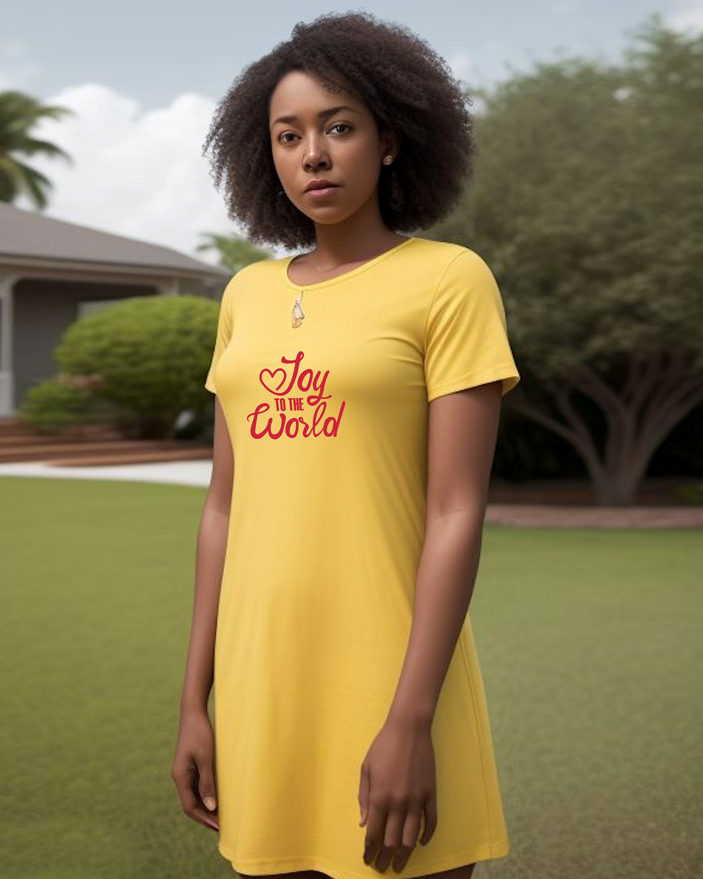A woman standing in a garden wearing a yellow Heavenly Dreamwear t-shirt dress with a red "Joy to the World" logo printed on the front.