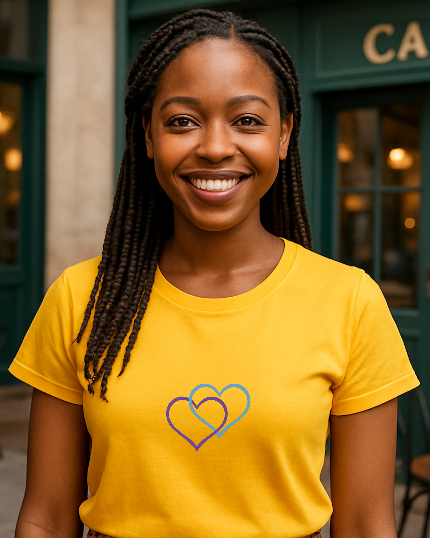 A woman outside a cafe wearing a yellow t-shirt with a Heavenly Dreamwear logo comprised of a purple and blue inter-twinned hearts.