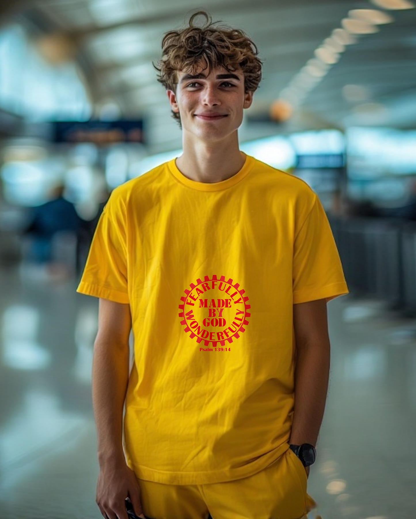 A man in an airport wearing a yellow t-shirt with a red Heavenly Dreamwear logo with the text "Fearfully Wonderfully Made by God" inside a geared wheel.