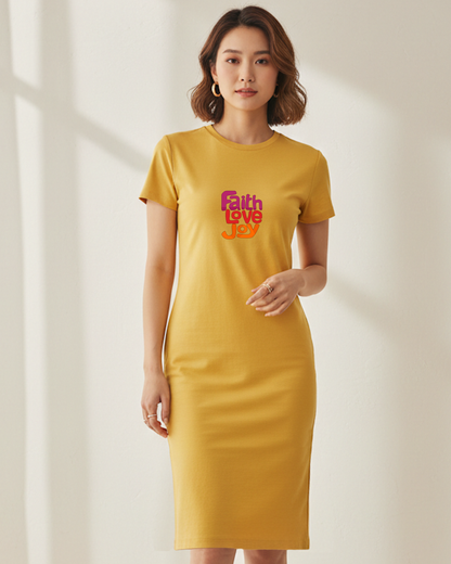Woman wearing a yellow dress with 'Faith Love Joy' text against a light background