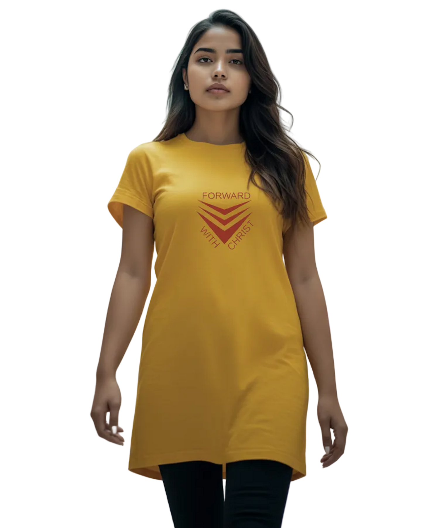 Woman wearing a yellow t-shirt dress with a red graphic and text logo against a white background.