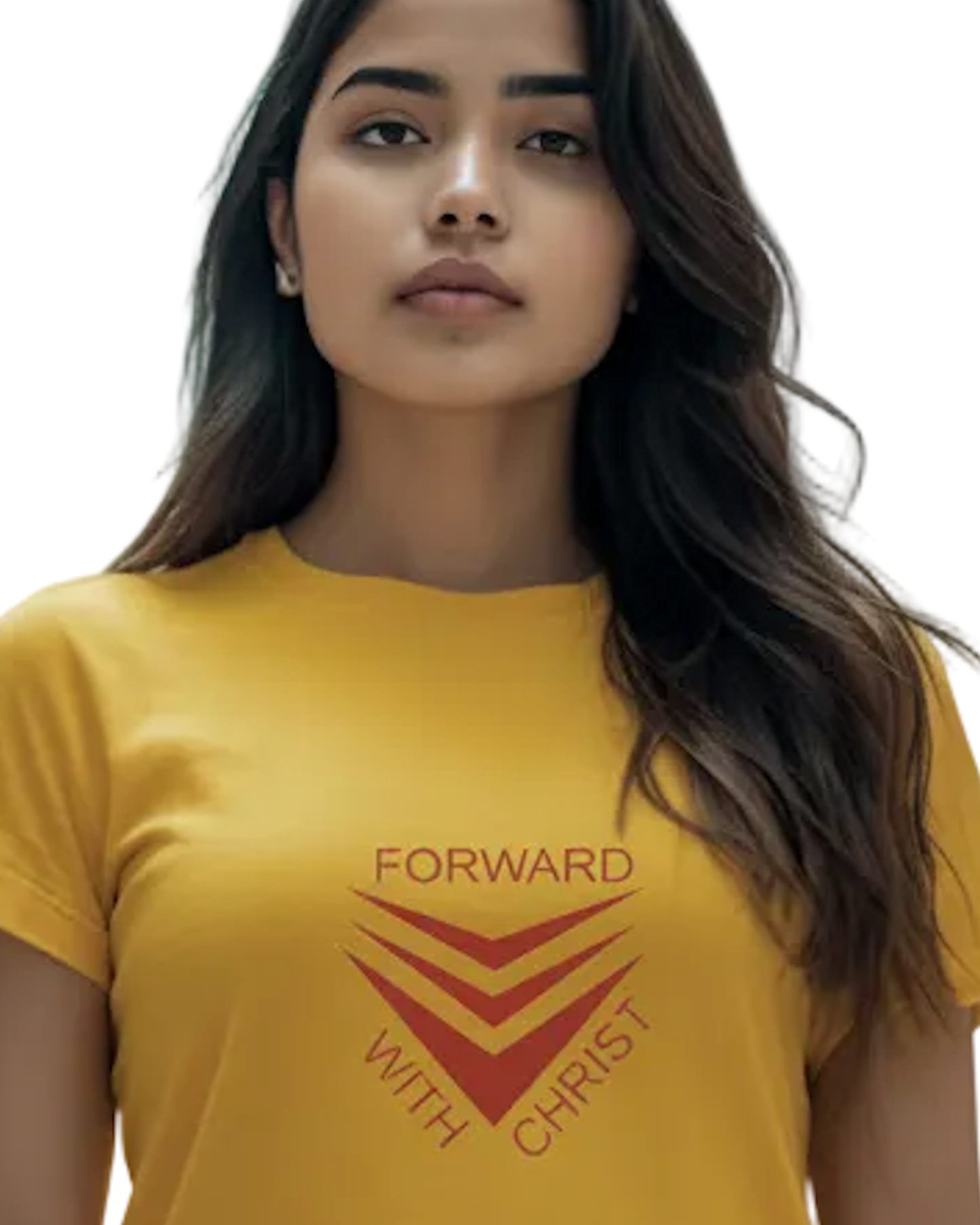 Closeup view of the neck of a woman wearing a yellow t-shirt dress with a red graphic and text logo against a white background.