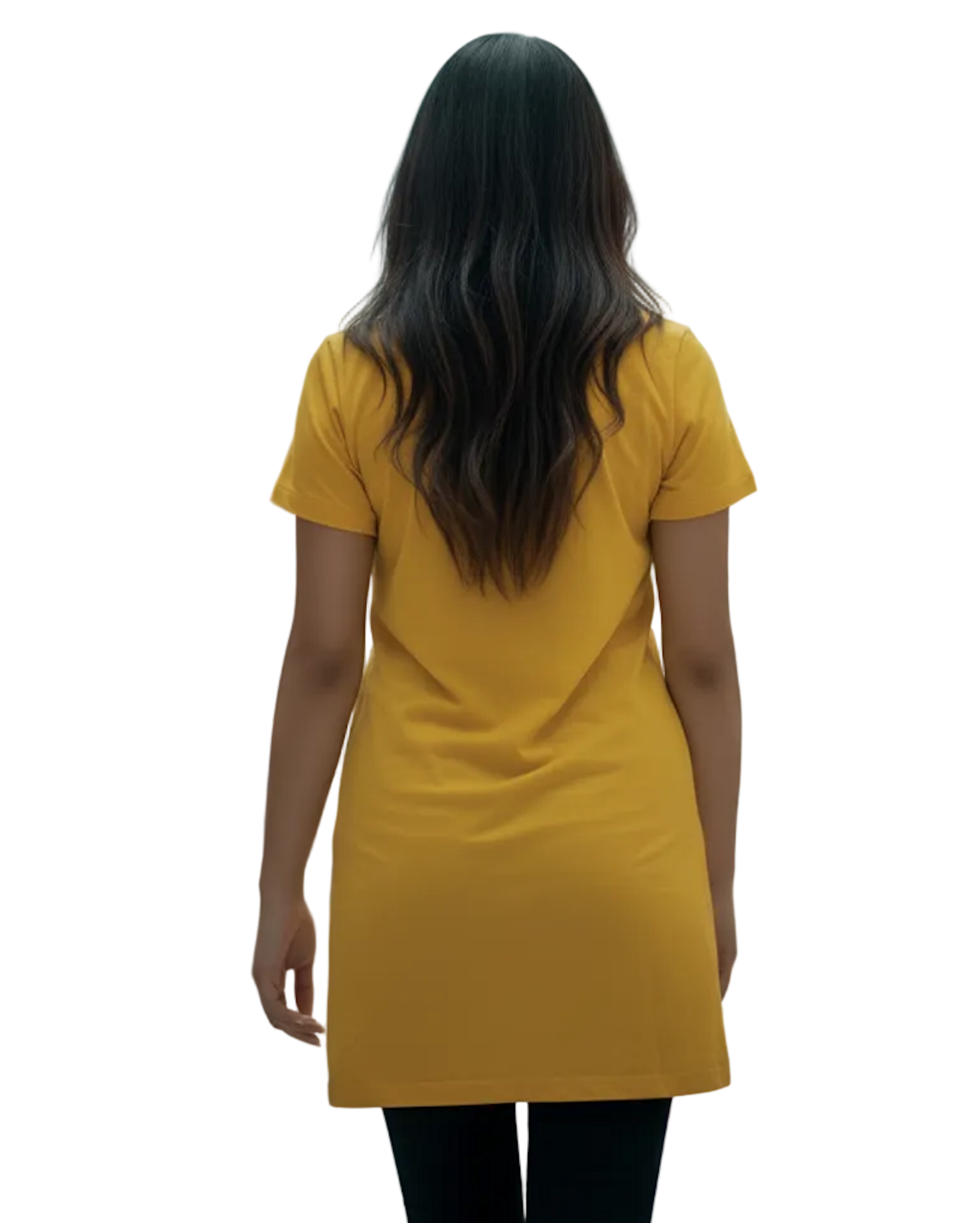 Rear view of a woman wearing a yellow t-shirt dress against a white background.