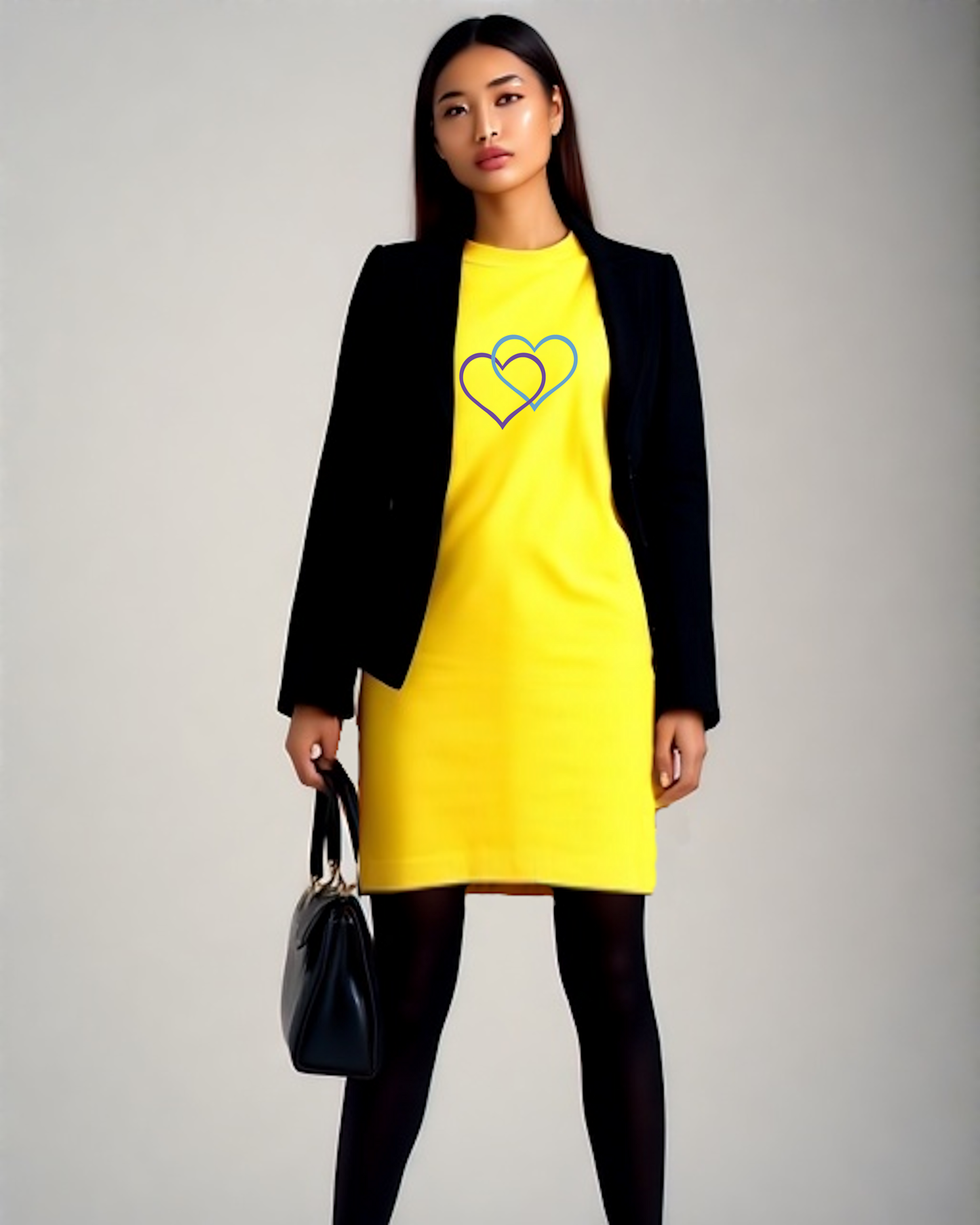 Woman wearing a yellow t-shirt dress with a dual purple and blue heart design, a black jacket, and holding a black handbag against a grey background.