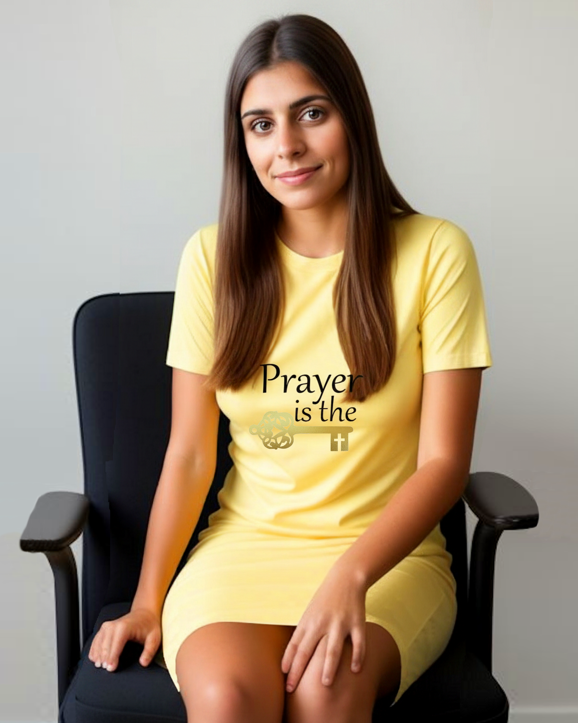 A woman sitting in a black chair wearing a yellow t-shirt dress featuring a logo design by Heavenly Dreamwear.  The logo includes black text that reads, "Prayer is the," followed by a gold key symbol.