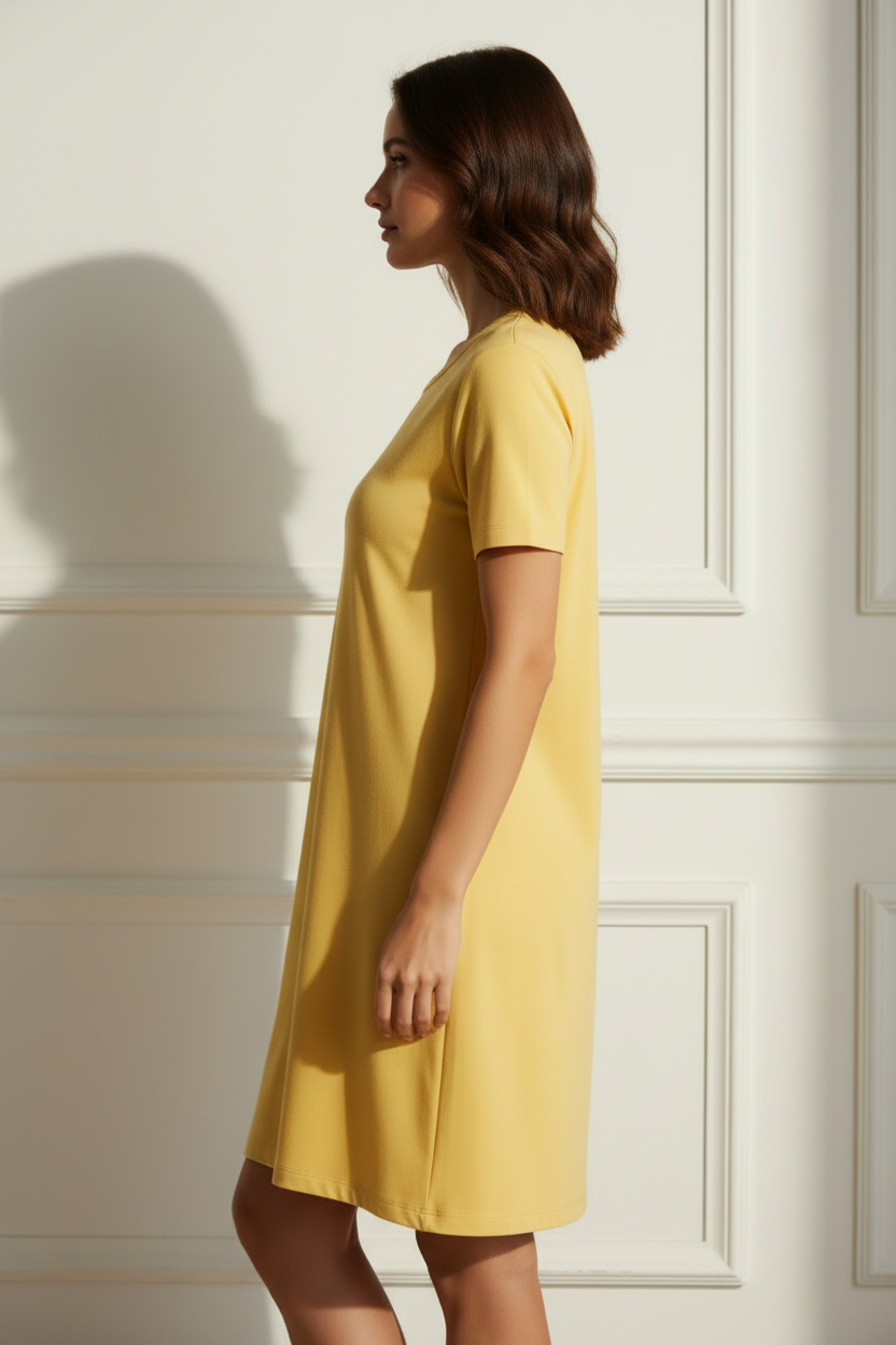 Side view of a woman wearing a yellow t-shirt dress in a white wall panel room