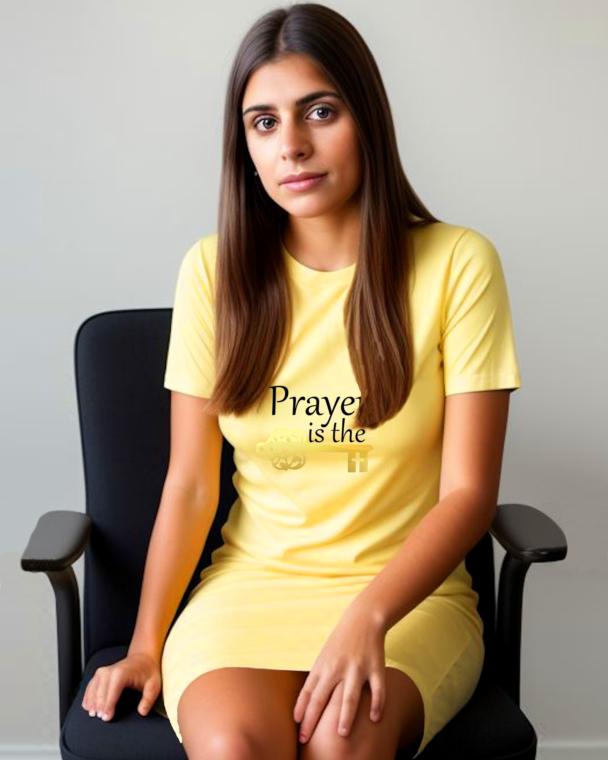 A woman sitting in a black chair wearing a yellow t-shirt dress featuring a logo design by Heavenly Dreamwear.  The logo includes black text that reads, "Prayer is the," followed by a gold key symbol.