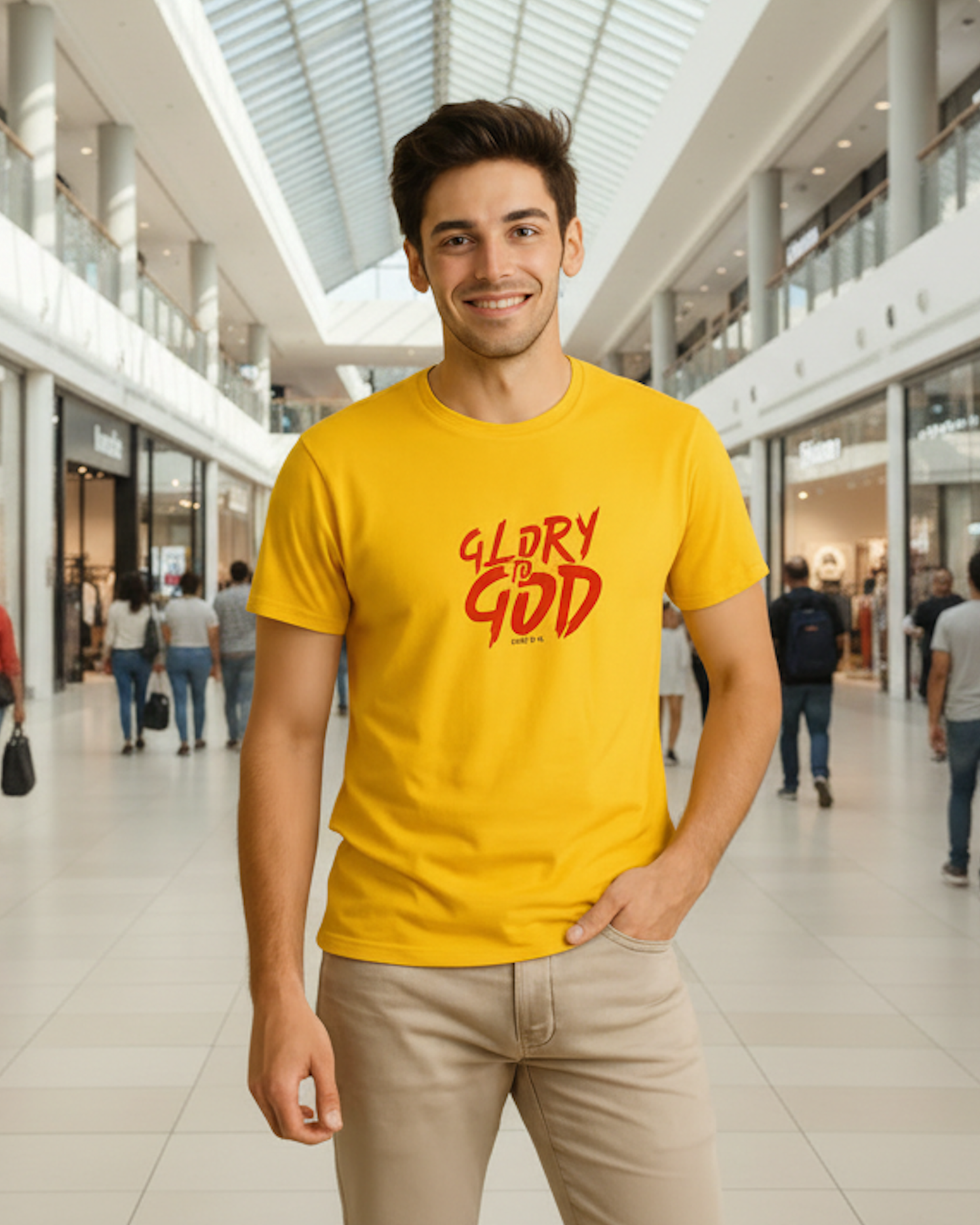 Man wearing a yellow t-shirt with 'GLORY GOD' printed in red, standing in a shopping mall.