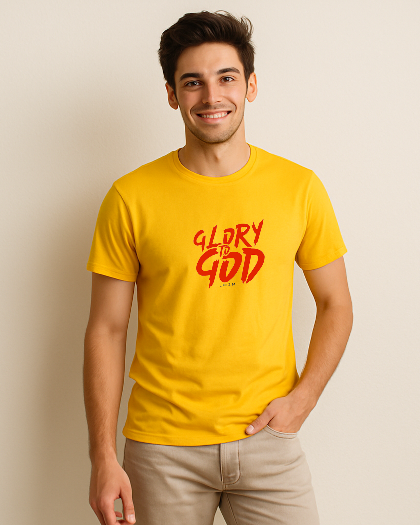 A woman wearing a yellow t-shirt with a red Heavenly Dreamwear "Glory to God" logo printed on the front.