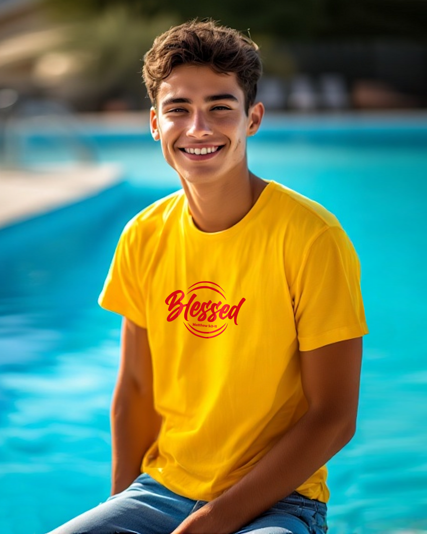 A young smiling man wearing a yellow t-shirt with a red text logo that says 'Blessed' t-shirt by a pool.