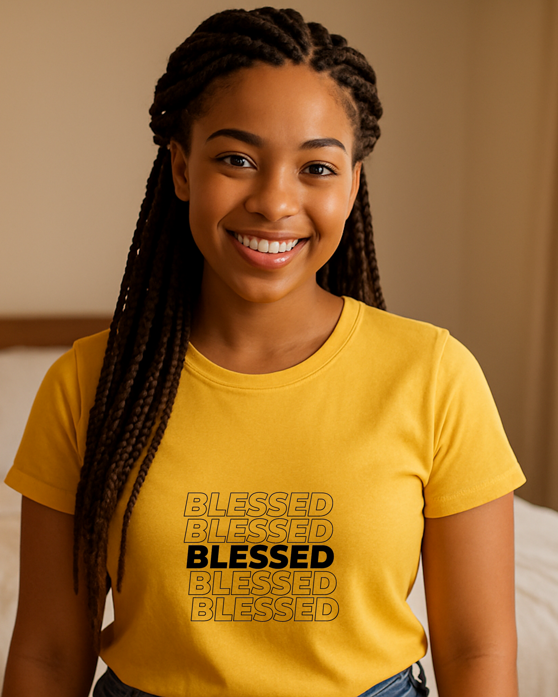 A young woman sitting on a bed wearing a yellow t-shirt with multiple lines of "Blessed" text printed on the front.