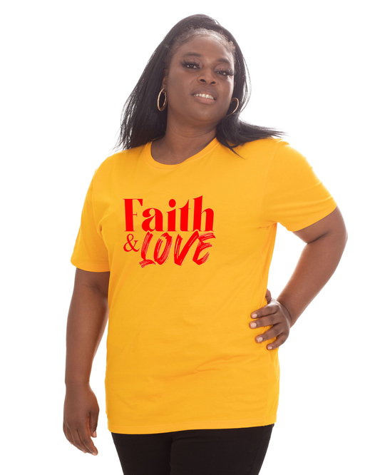 A woman modeling a bright yellow t-shirt with 'Faith & LOVE' printed in red across the chest, set against a plain white background.