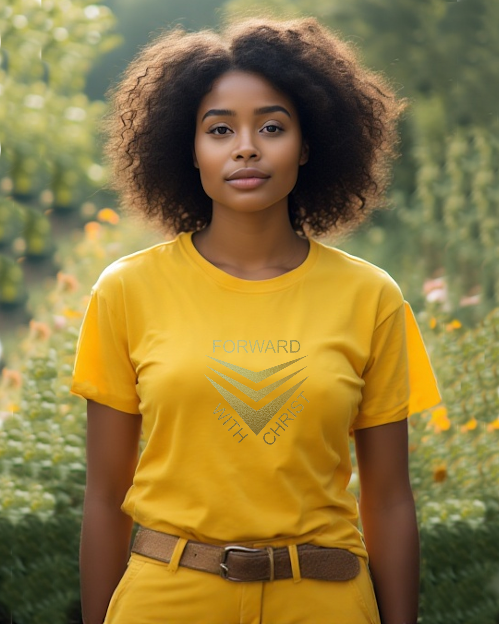 A woman standing in a garden wearing a yellow short sleeve t-shirt that has a gold logo with the words "FORWARD WITH CHRIST" around 3 downward pointing chevrons.