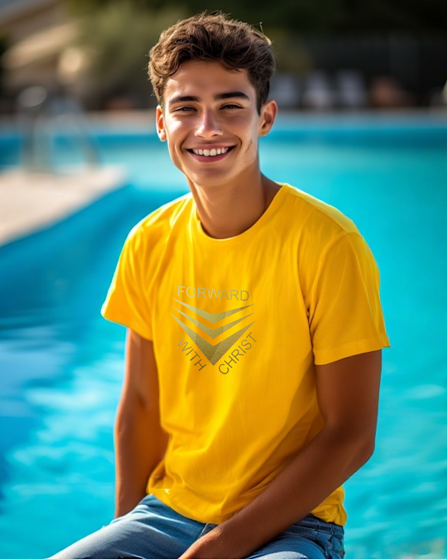A man sitting near a pool wearing a yellow short sleeve t-shirt that has a gold logo with the words "FORWARD WITH CHRIST" around 3 downward pointing chevrons.