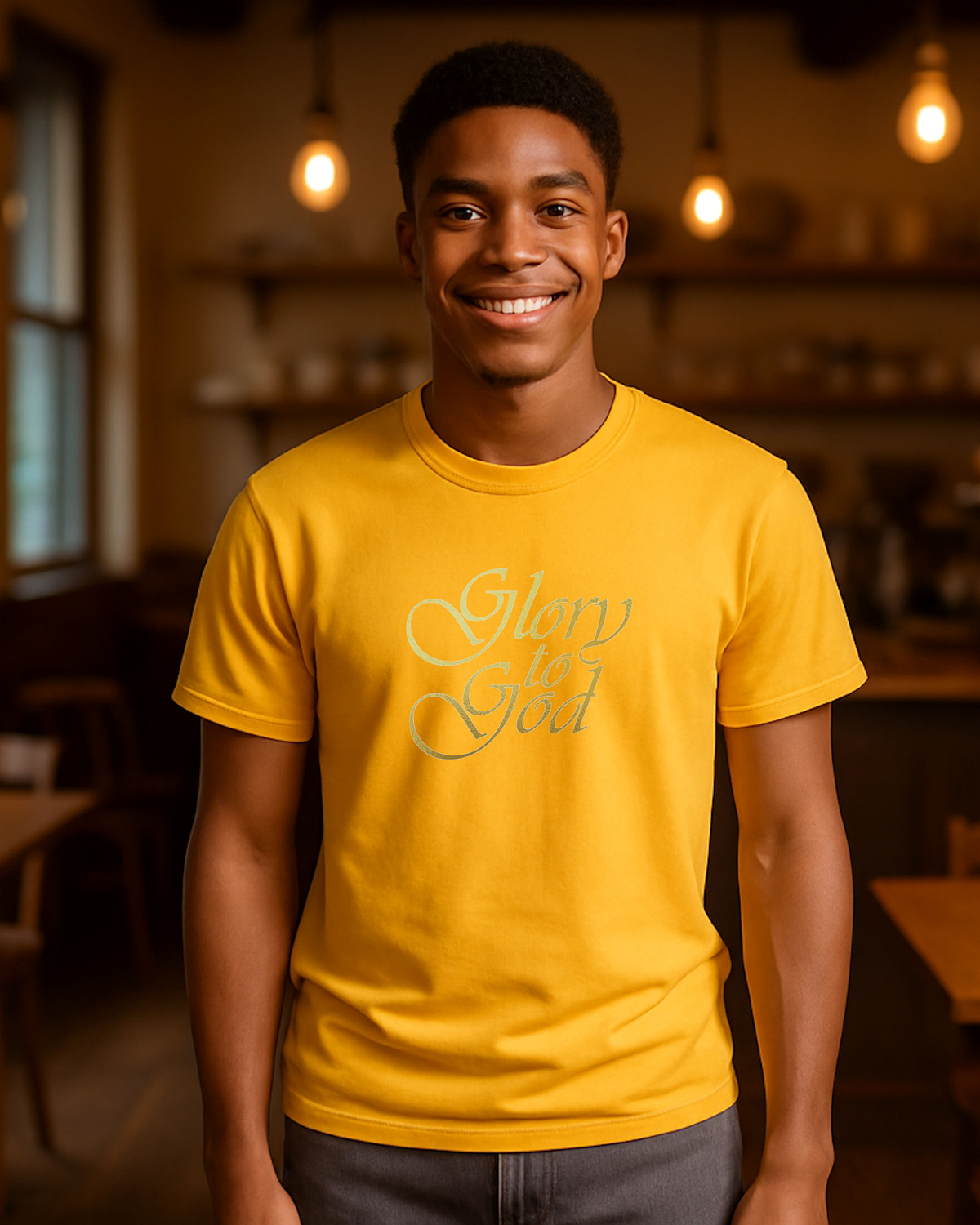 A smiling young man wearing a bright yellow t-shirt with 'Glory to God' printed in metallic gold cursive across the chest, standing in a warmly lit, blurred indoor environment.