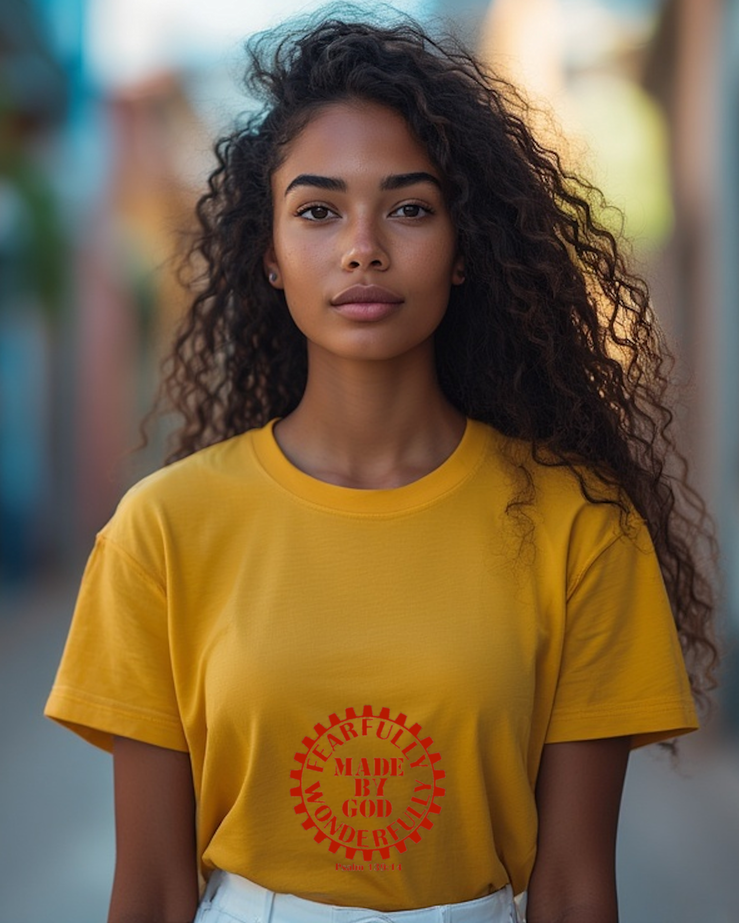 A woman wearing a yellow t-shirt with a red Heavenly Dreamwear logo with the text "Fearfully Wonderfully Made by God" inside a geared wheel.
