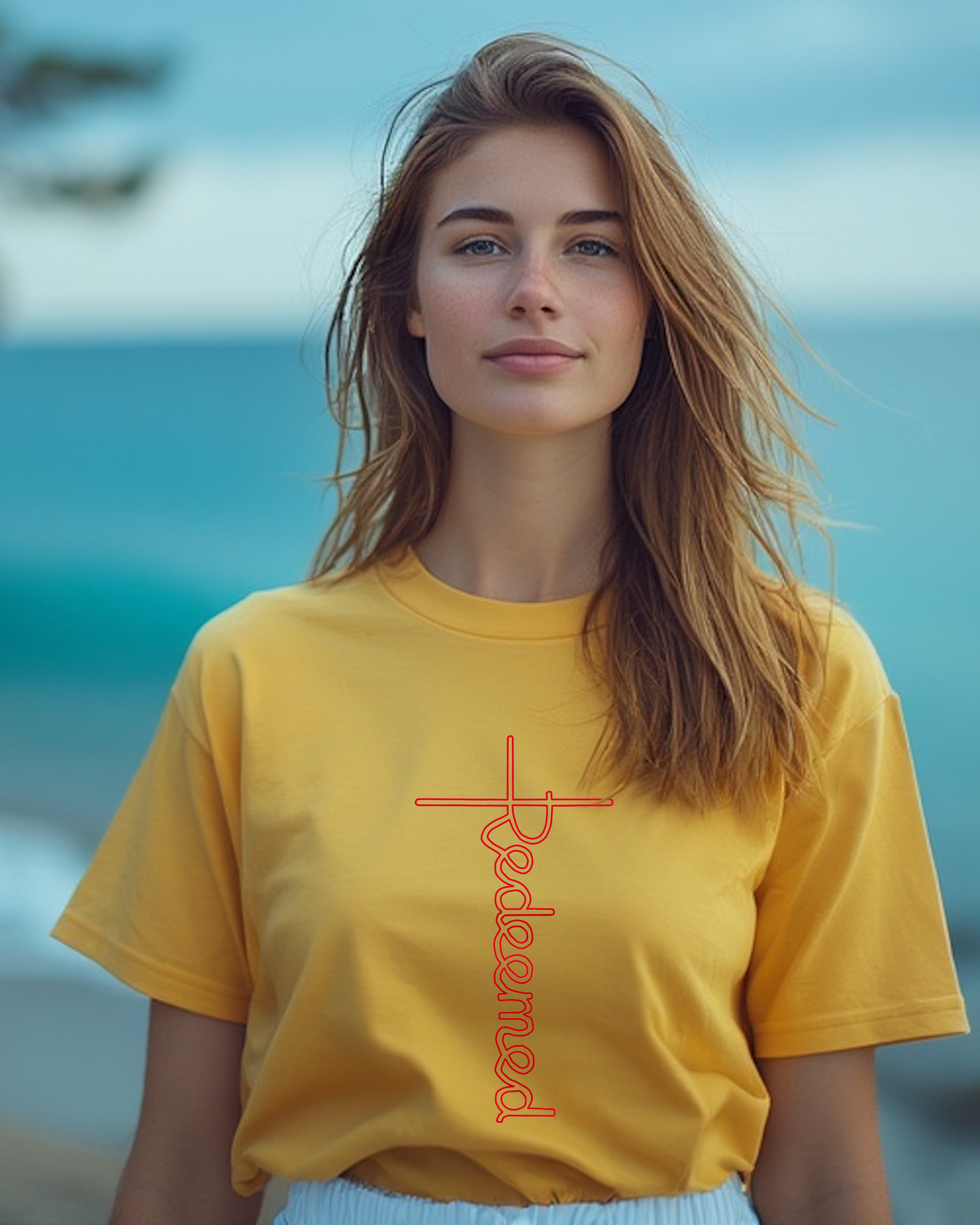 A woman on a beach wearing a yellow t-shirt with an elaborate  Heavenly Dreamwear designed 'Redeemed' logo printed on the front.