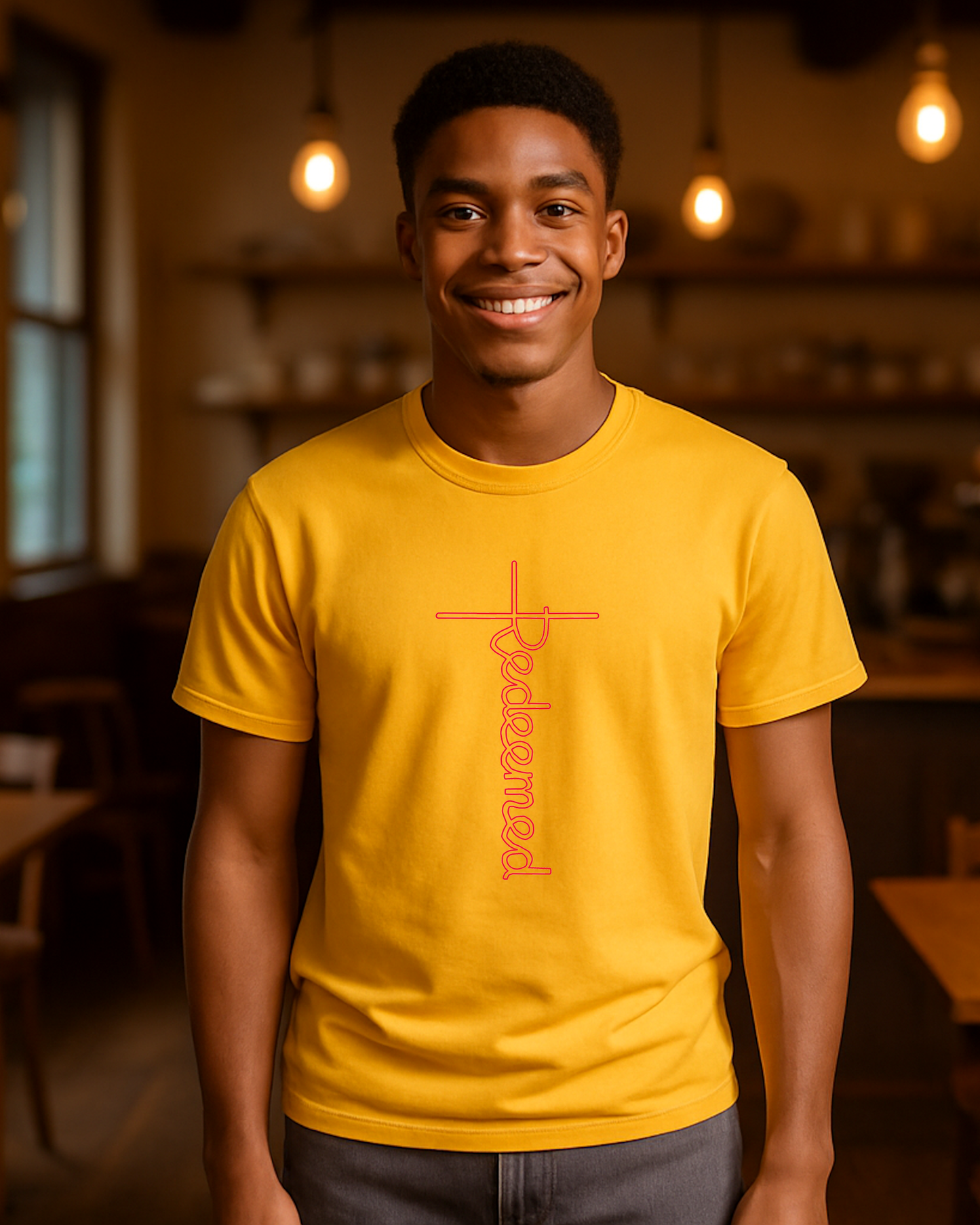 A man standing in a cafe wearing a yellow t-shirt with an elaborate red Heavenly Dreamwear designed 'Redeemed' logo printed on the front.