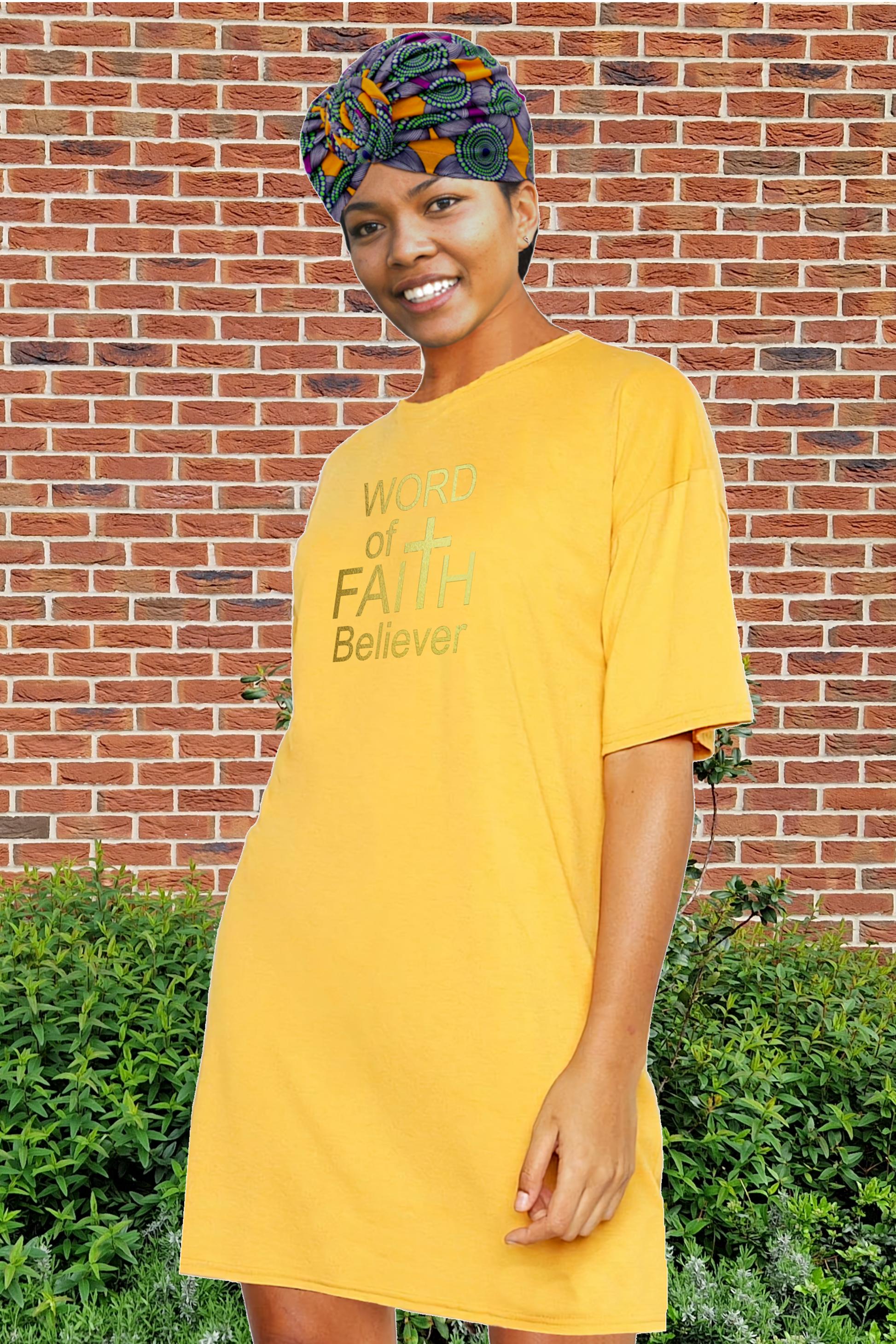 Woman wearing a yellow Heavenly Dreamwear t-shirt dress with the text "Word of Faith Believer" in gold.